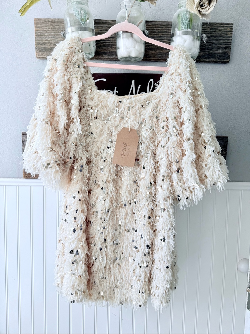 Listicle Cream Shaggy Sequin Top